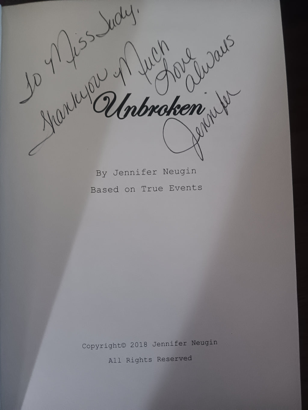 Unbroken by Jennifer Neugin — Signed & Inscribed Paperback