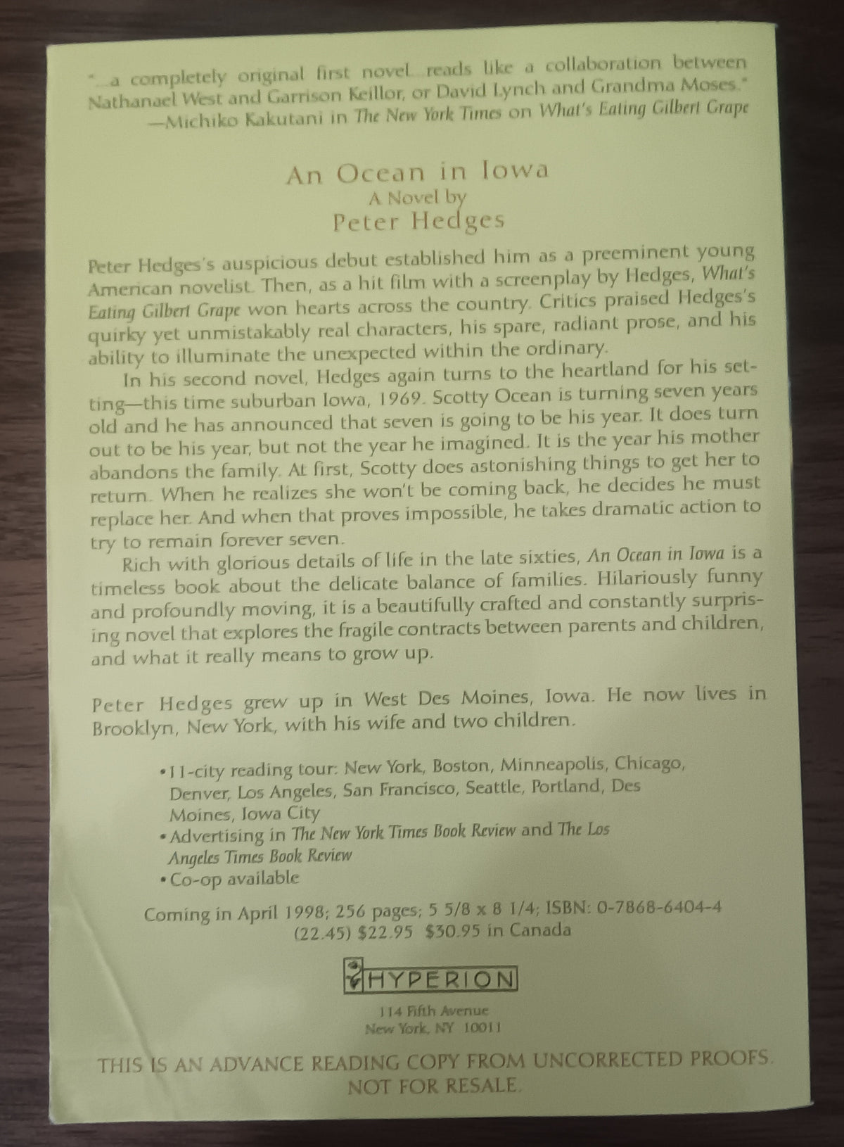 An Ocean in Iowa by Peter Hedges — Advance Reading Copy Paperback