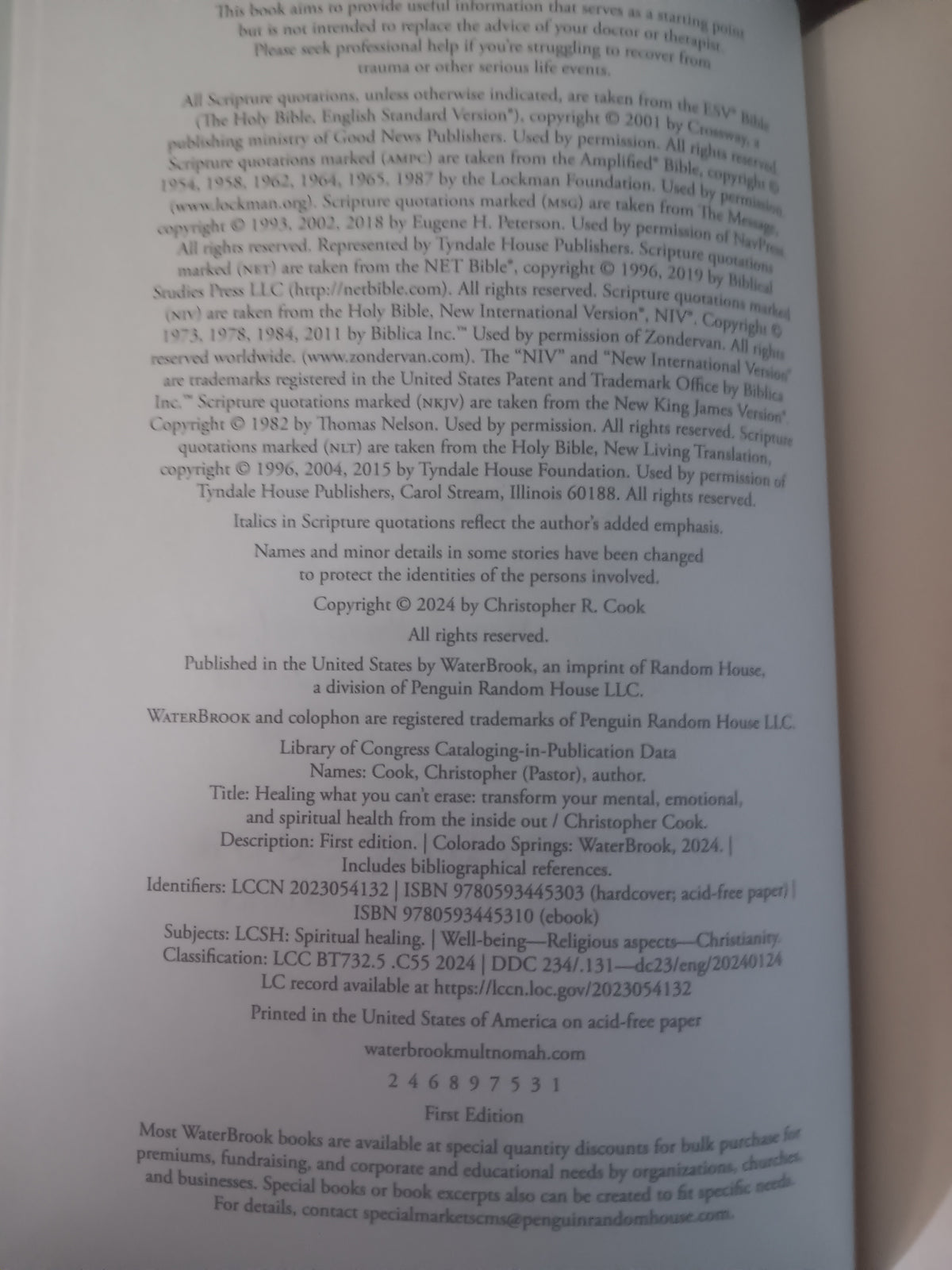 Healing What You Can’t Erase by Christopher Cook — First Edition, First Printing Hardcover